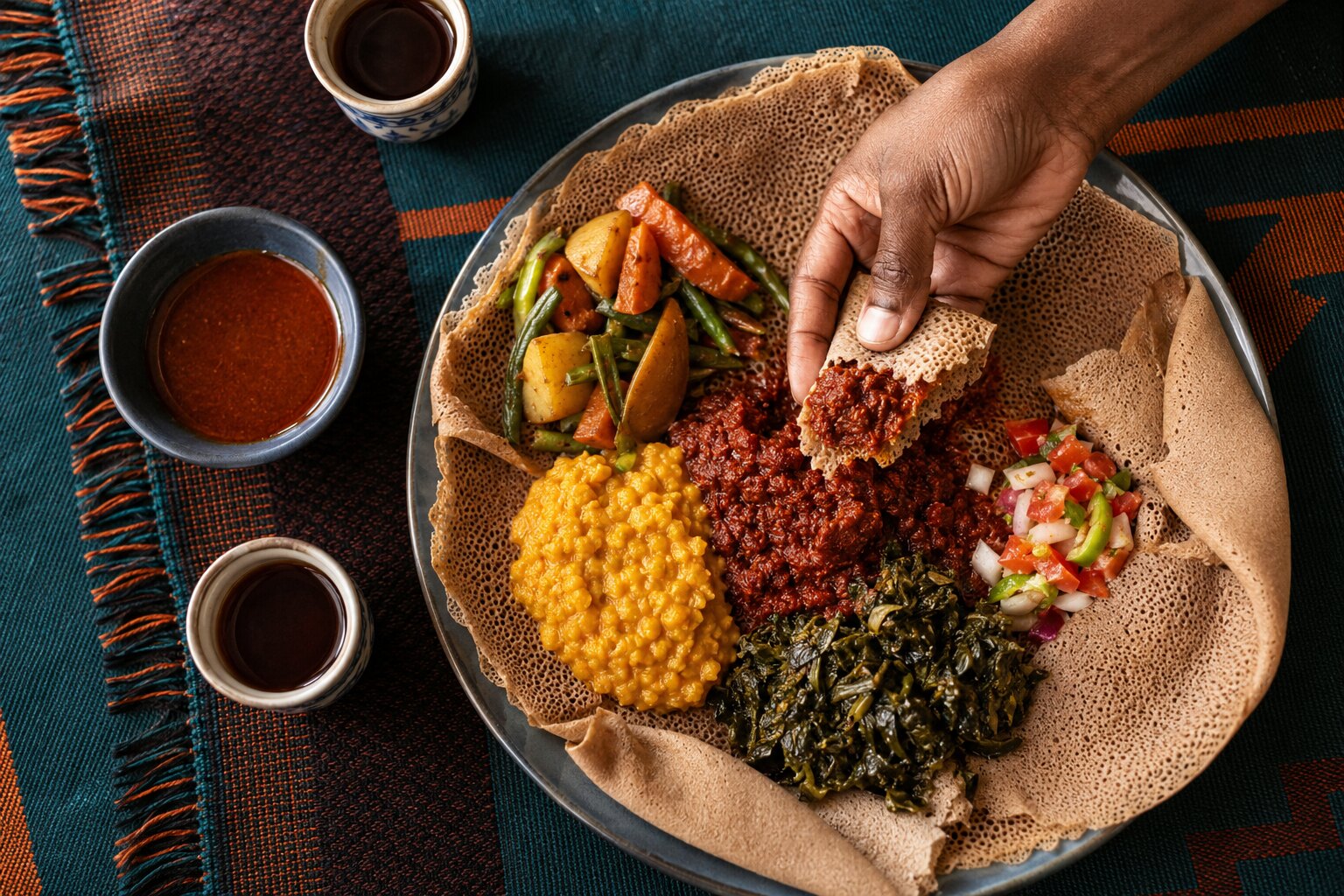 Main partageant un plat d’injera accompagné de différentes préparations